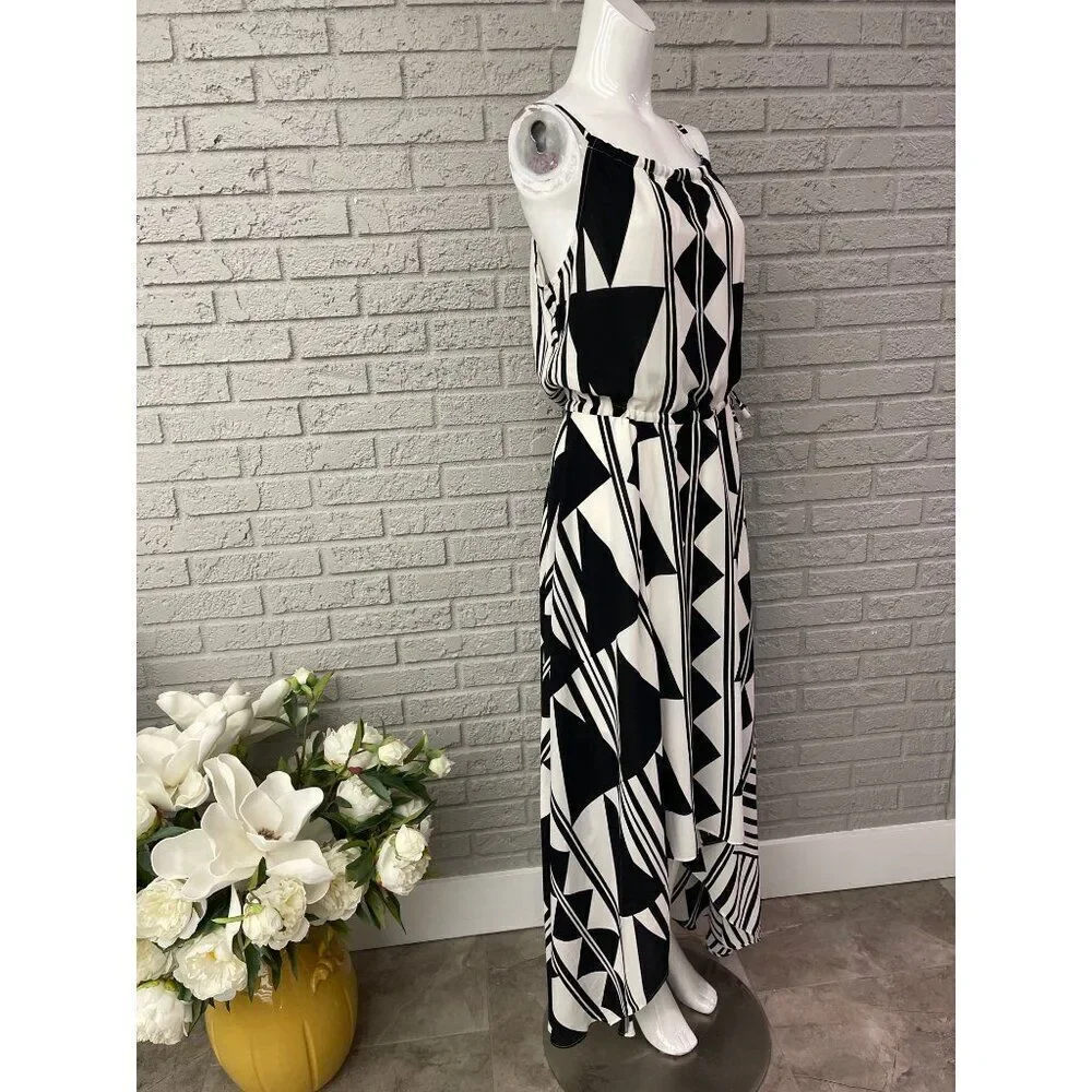 Express Women Black & White Geometric Print Handkerchief Hem Dress Size S NWT